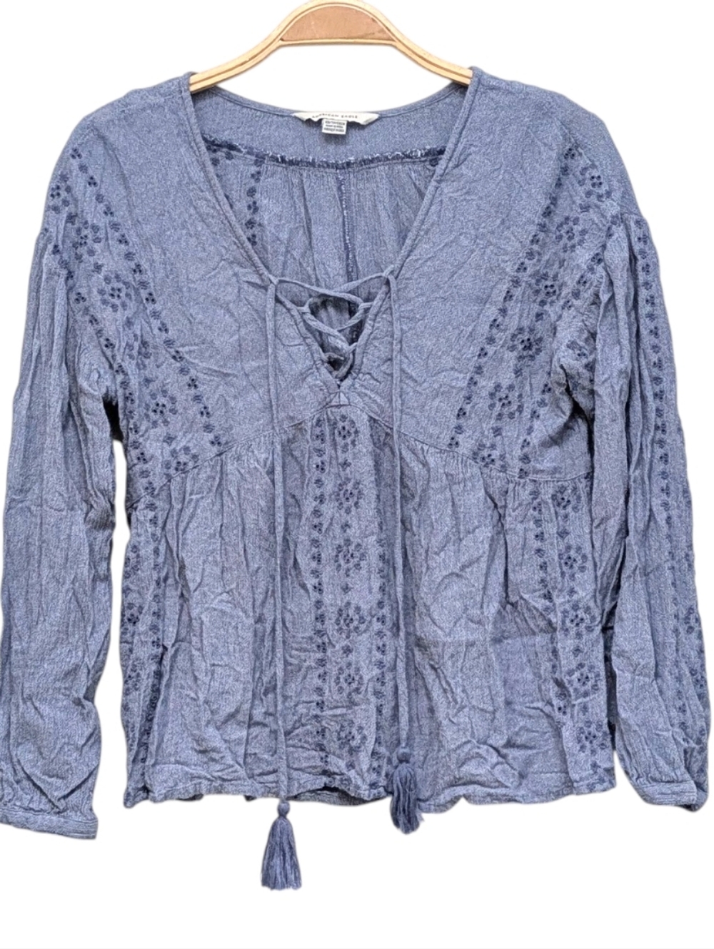 American Eagle Chambray Boho Peasant Tie Up Milkmaid Festival Blouse XS